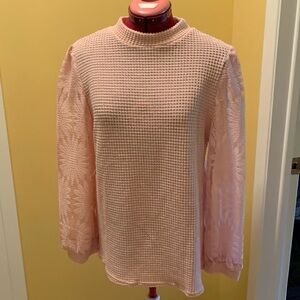 Waffle Body Sweater with sheer flower print sleeves NWOT